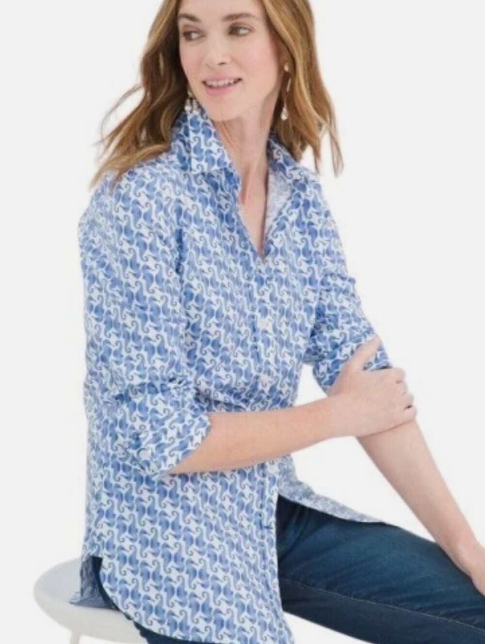 Chico's Blue & White Printed Button-Down Shirt Seahorse Size 1 Medium